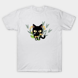 Black Cat With Flowers T-Shirt